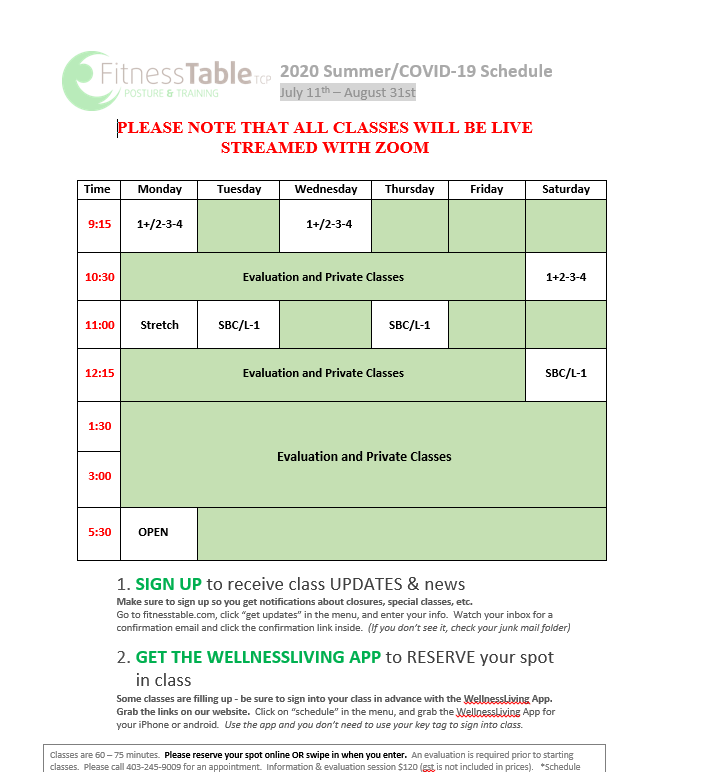 Schedule – Fitness Table | Premiere Core Strength + Posture Studio ...